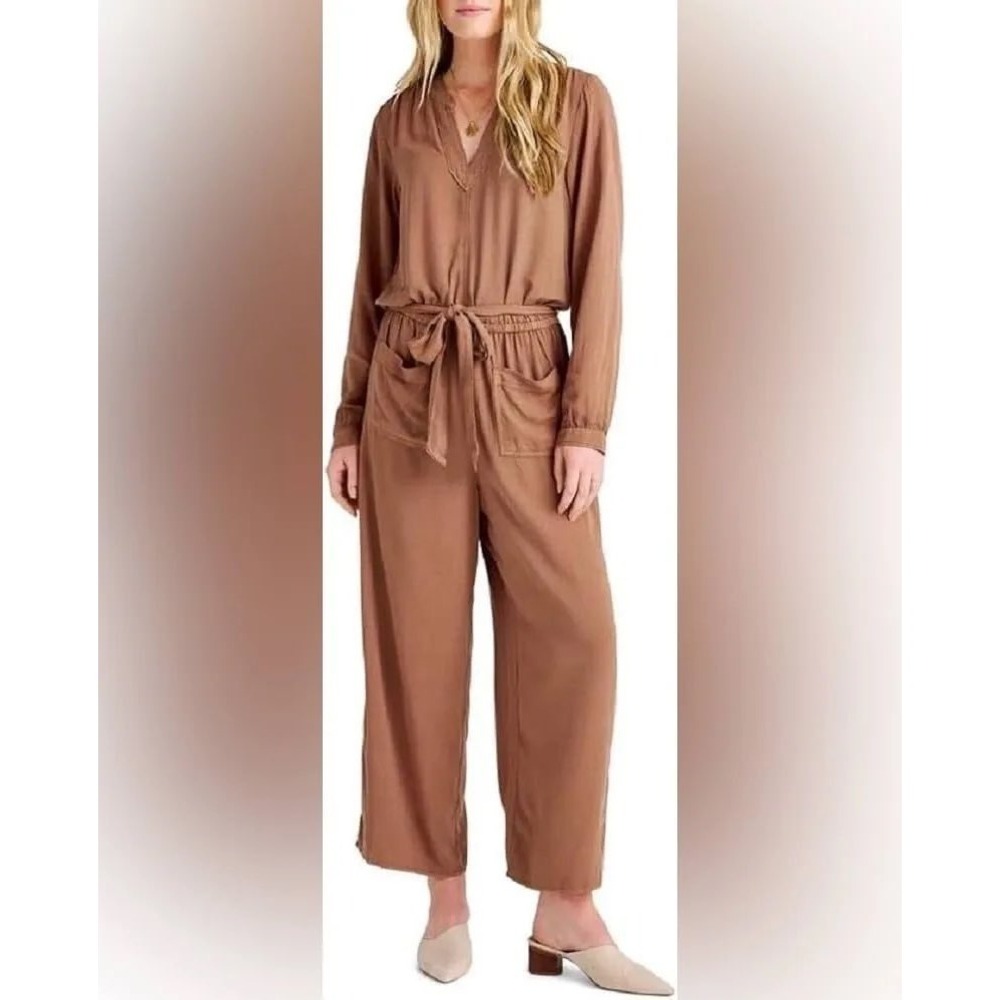 Splendid Collection Women Brown Long Sleeve Belted Wide Leg Jumpsuit NWT